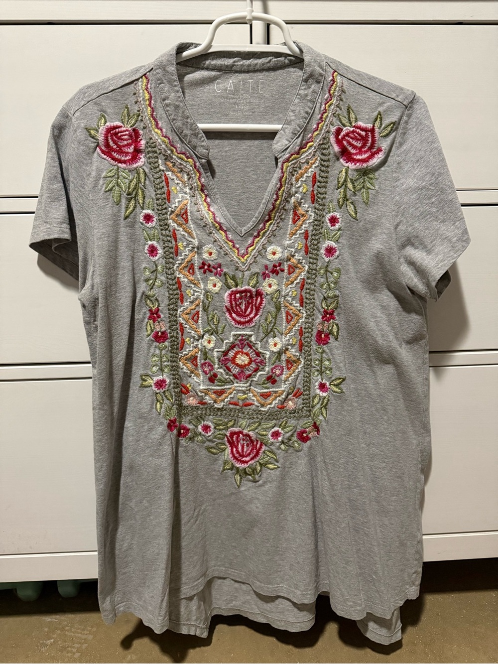 Caitl Gray Embroidered V-Neck Short Sleeve Tee